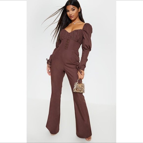 Pretty Little Thing puff sleeve lace-up waist jumpsuit chocolate brown new 12 - Picture 1 of 6